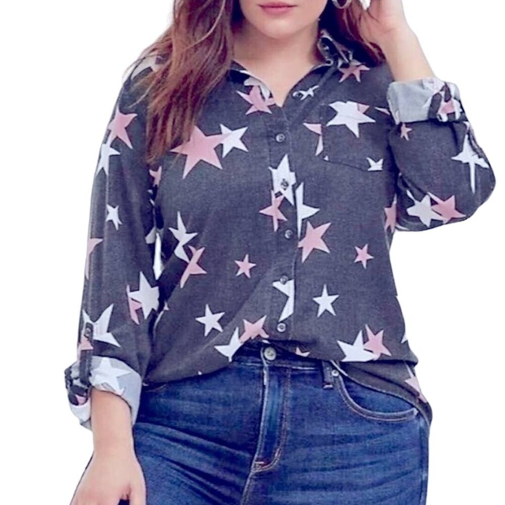 Torrid Star Print Button-Up Top Size 00 M/L — Burnout Relaxed Fit